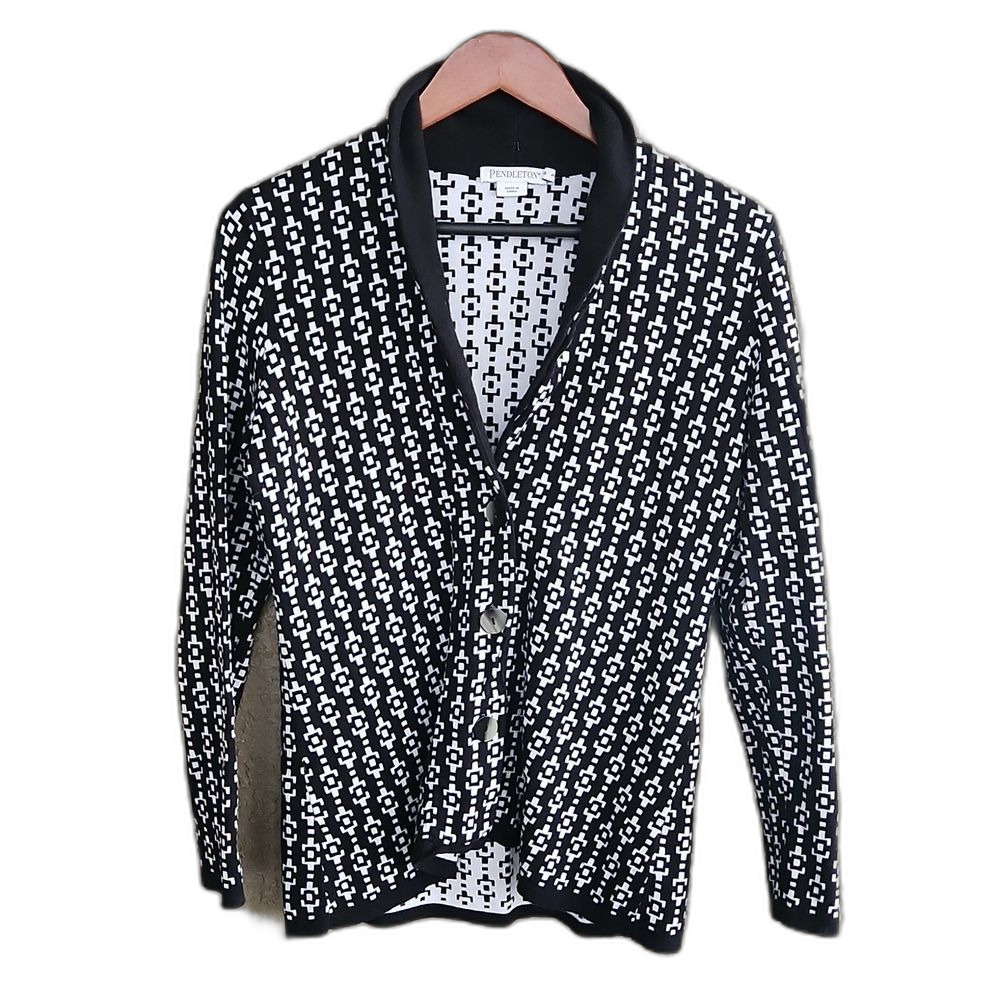 Pendleton Cardigan 100% Cotton Sweater Sz Small Black and White